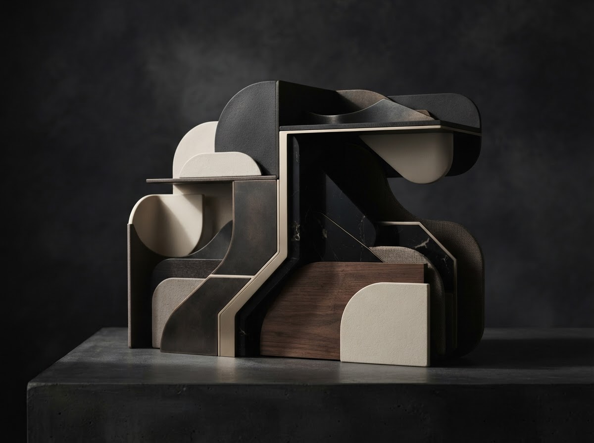 Abstract conceptual prototype imagery in charcoal, navy and silver