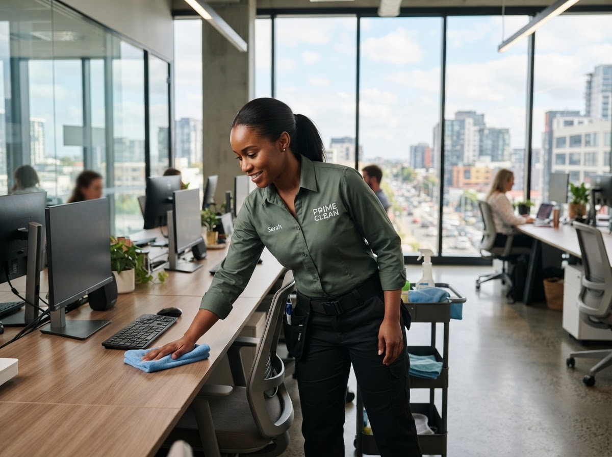 A Cozy Clean technician in a dark sage green uniform wiping down a desk in a modern open-plan office