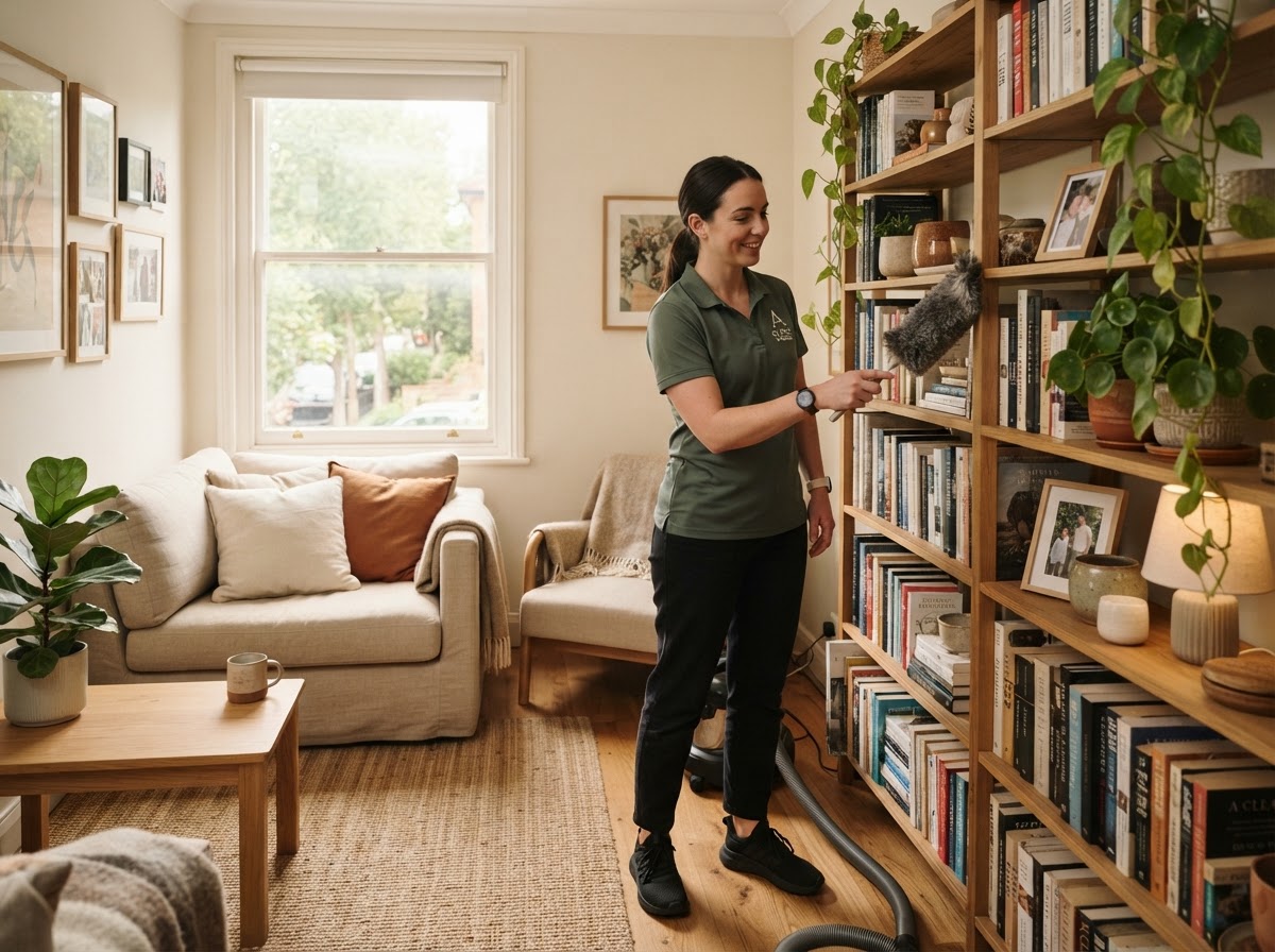A professional cleaner in a dark sage green uniform dusting a bookshelf in a small apartment living room