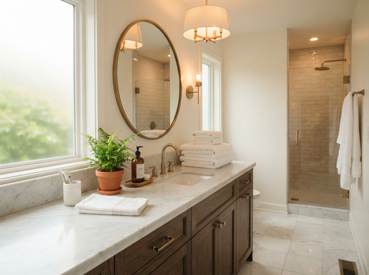 A sparkling clean bathroom with marble countertops