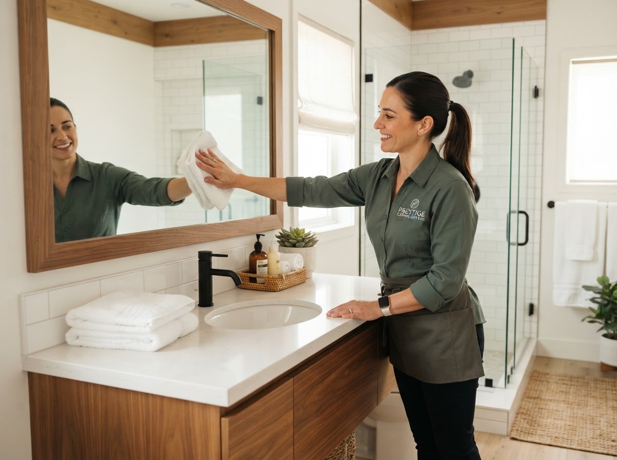 A Cozy Clean technician in a dark sage green uniform wiping down a bathroom vanity and mirror in a bright turnover-ready bathroom