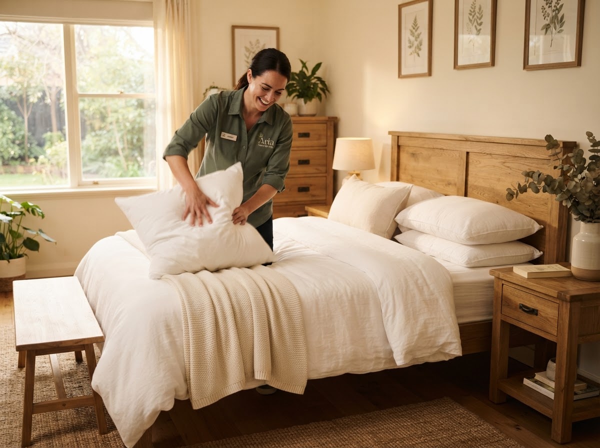 A professional cleaner in a dark sage green uniform making a bed and fluffing pillows in a cozy sunlit bedroom
