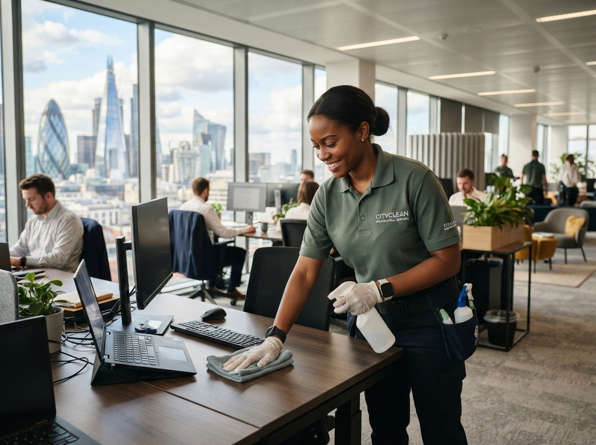 A Cozy Clean technician in a dark sage green uniform wiping down a desk in a modern office with a city skyline view
