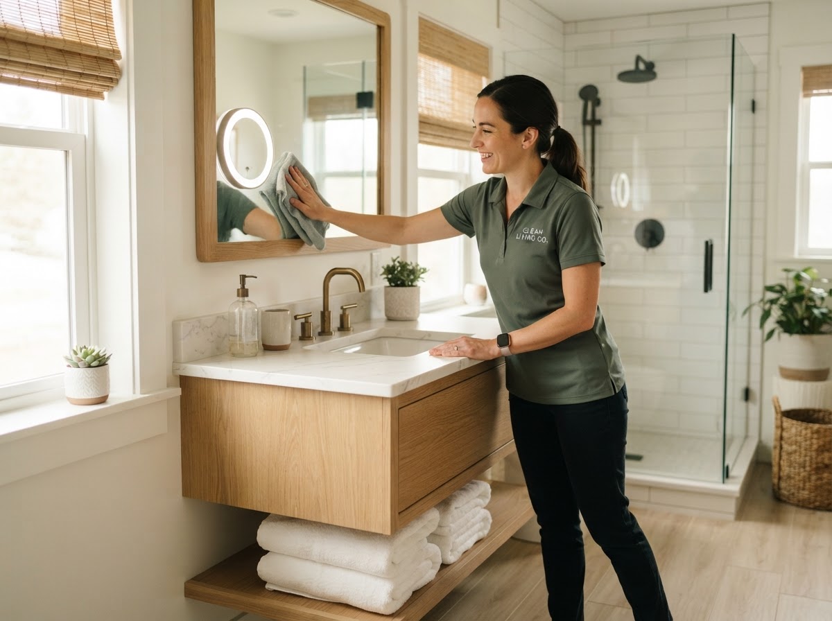 A professional cleaner in a dark sage green uniform wiping down a bathroom vanity and mirror