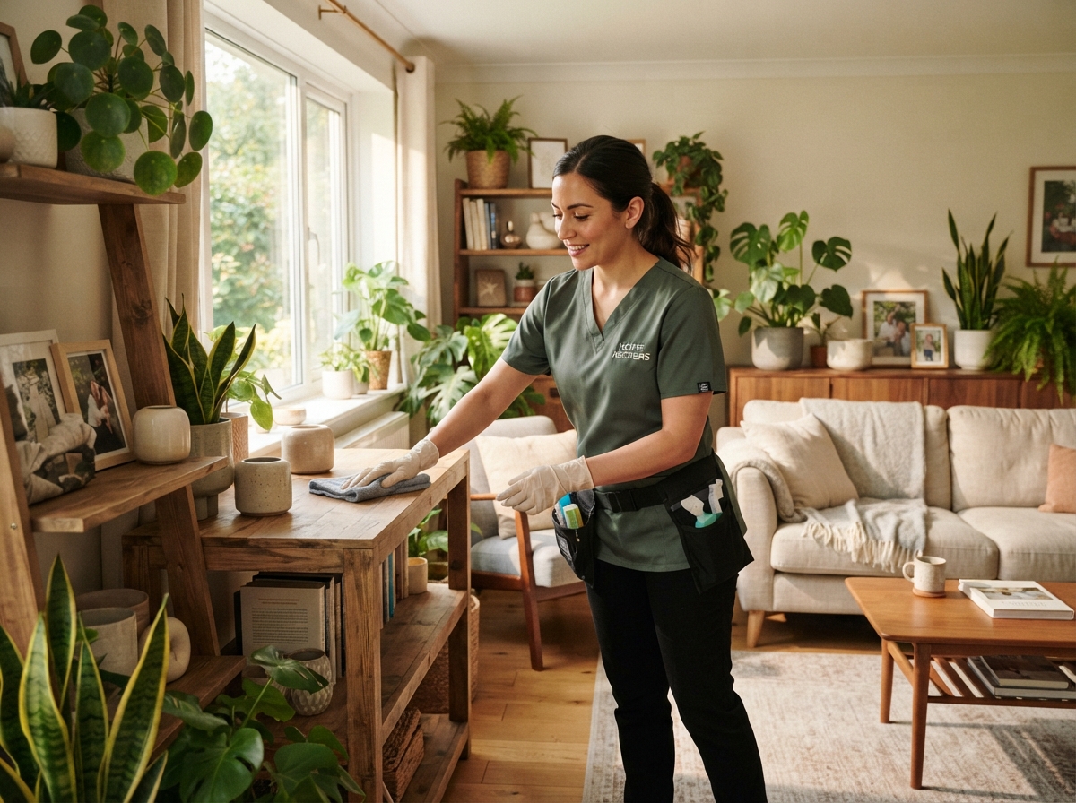 A professional cleaner in a dark sage green uniform tidying and dusting a cozy sunlit living room filled with plants