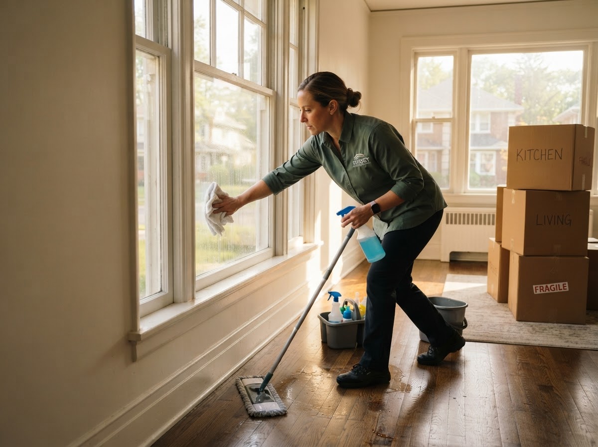 A Cozy Clean technician in a dark sage green uniform wiping down a window and floor in an empty sunlit room with moving boxes