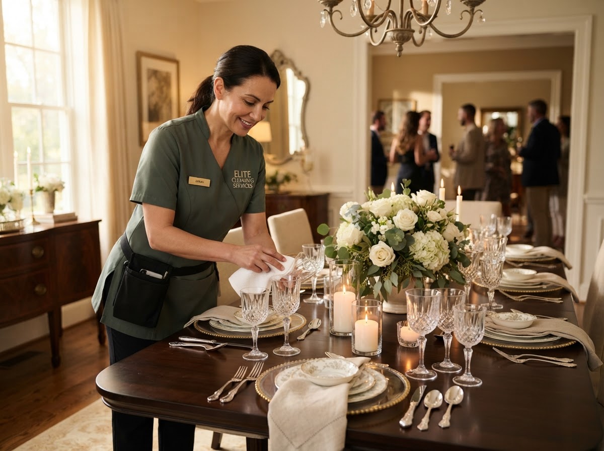 A professional cleaner in a dark sage green uniform setting up an elegantly decorated dining table with candles