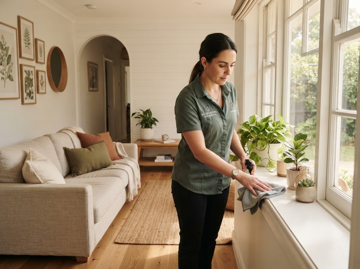 A Cozy Clean technician in a dark sage green uniform dusting a windowsill and plants in a freshly renovated sunlit living room