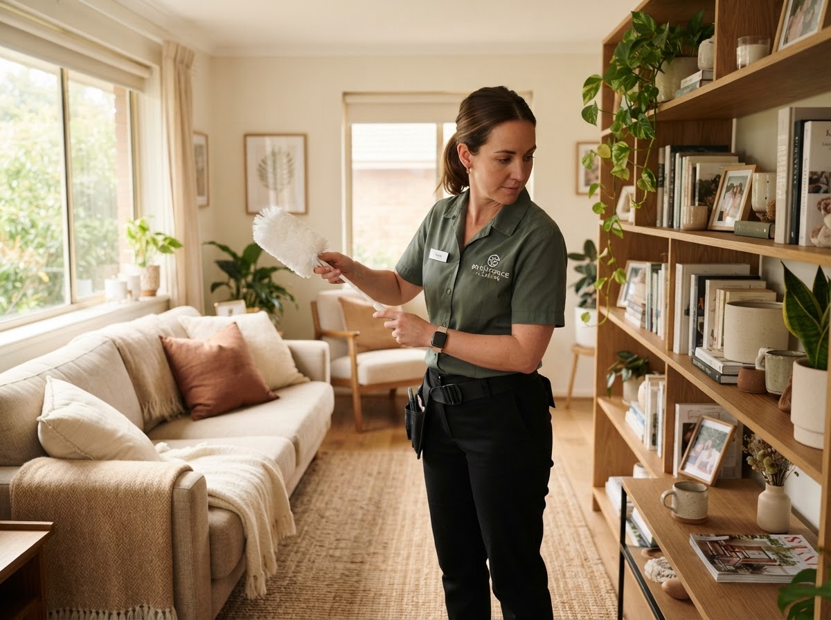 A Cozy Clean technician in a dark sage green uniform dusting a bookshelf in a cozy furnished apartment living room