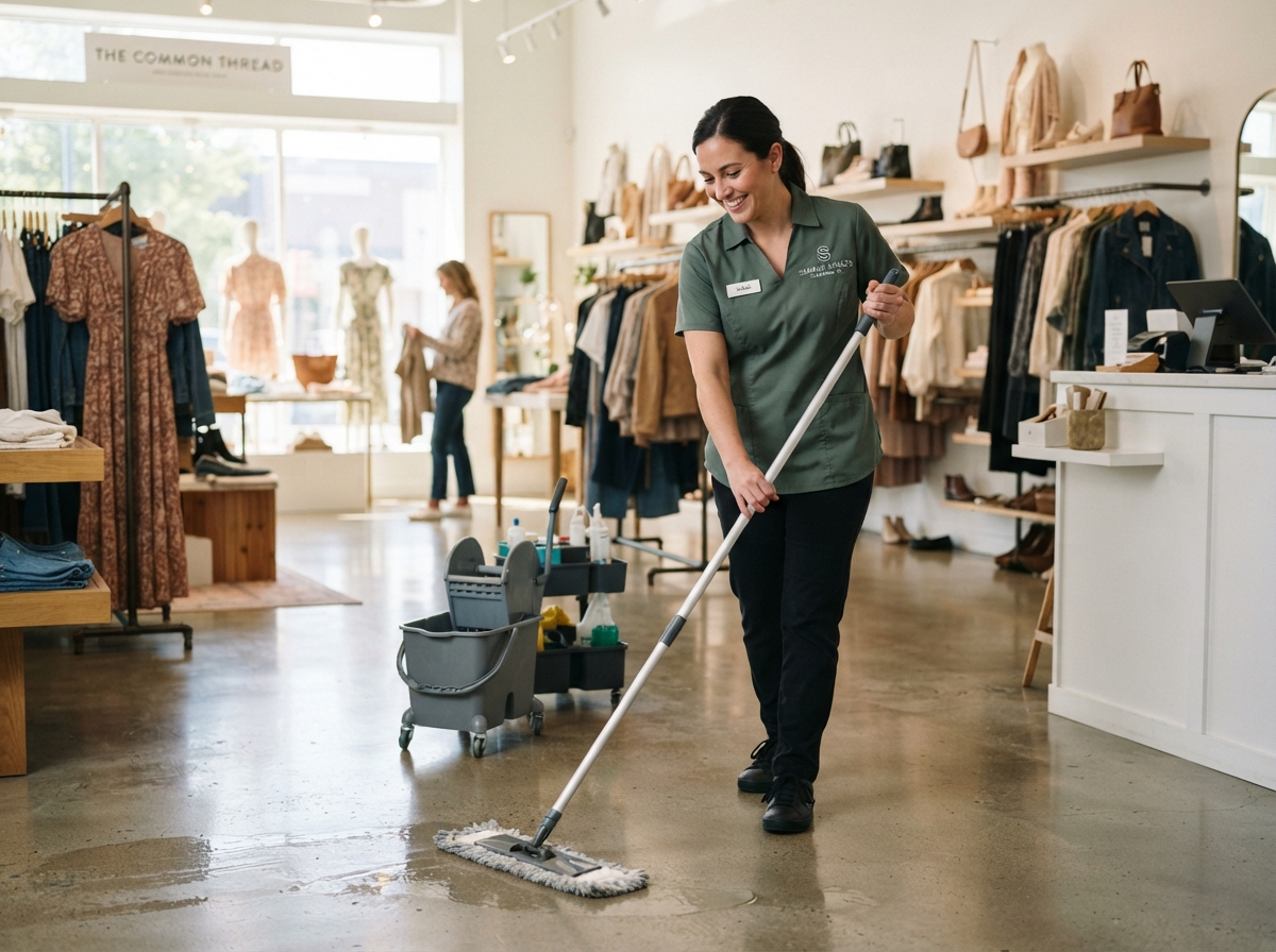 A Cozy Clean technician in a dark sage green uniform mopping the floor of a bright boutique retail store