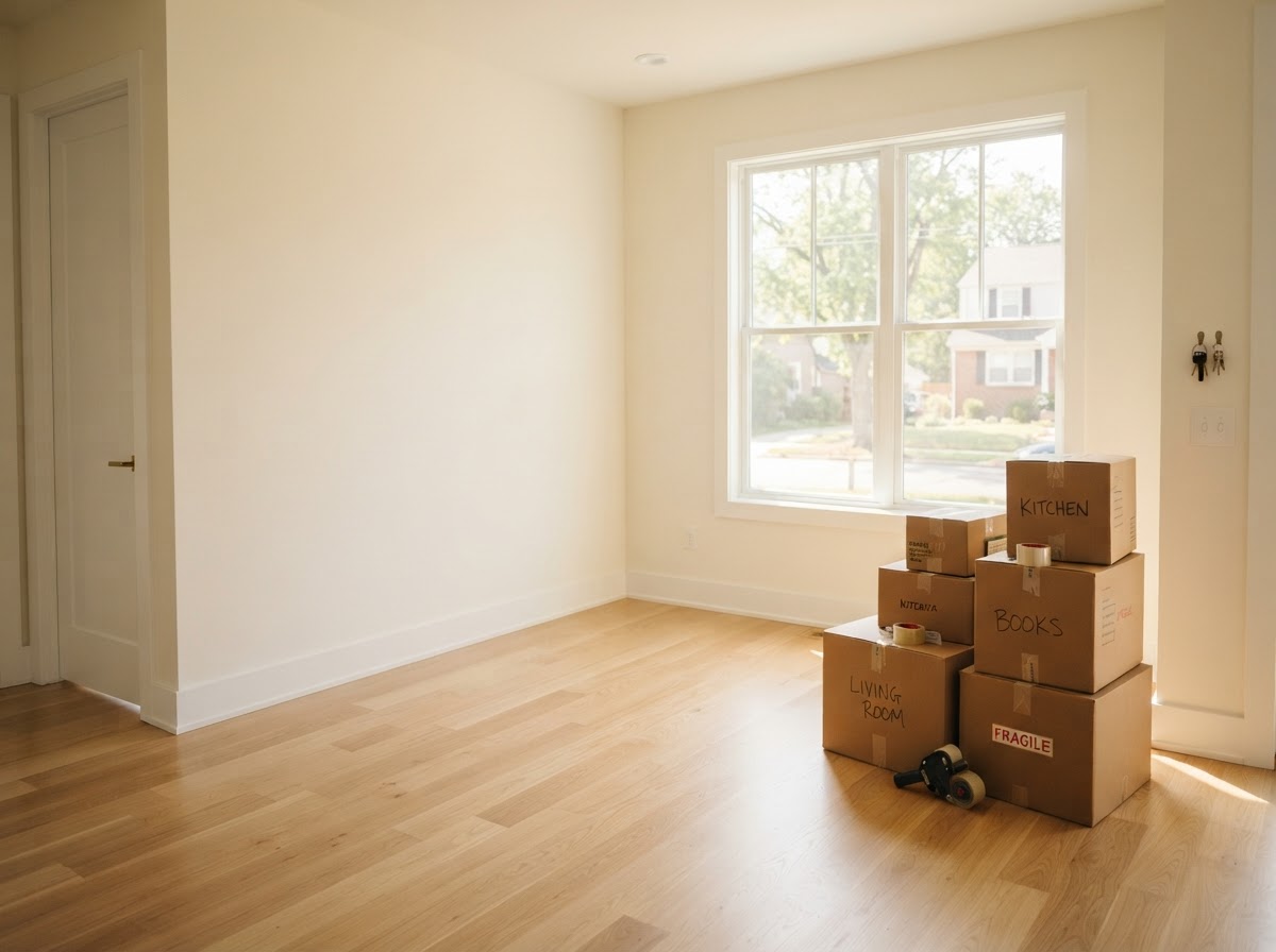 A bright, empty clean room with fresh paint and moving boxes in the corner