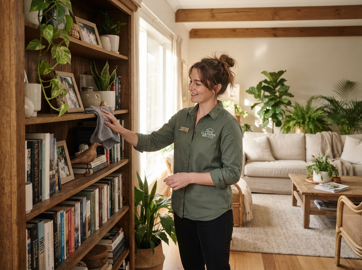 A professional cleaner in a dark sage green uniform dusting a bookshelf in a cozy sunlit living room filled with plants