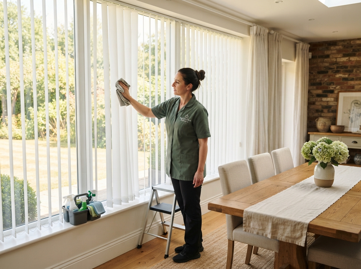 A professional cleaner in a dark sage green uniform wiping down a large window and blinds in a bright dining room