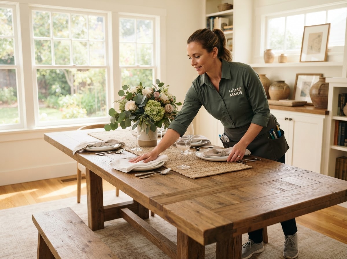 A professional cleaner in a dark sage green uniform setting and wiping down a dining table