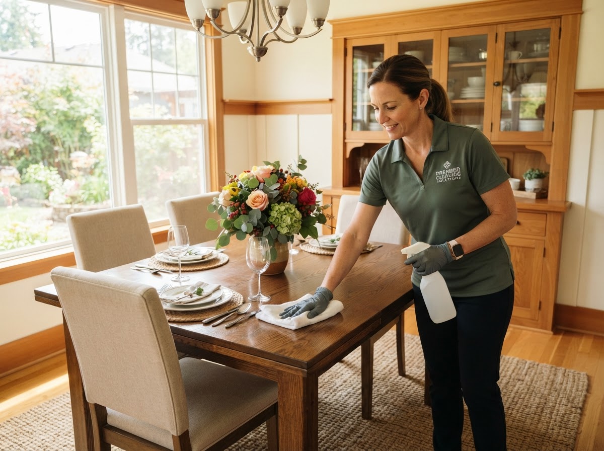 A Cozy Clean technician in a dark sage green uniform wiping down a dining table set with a floral centerpiece