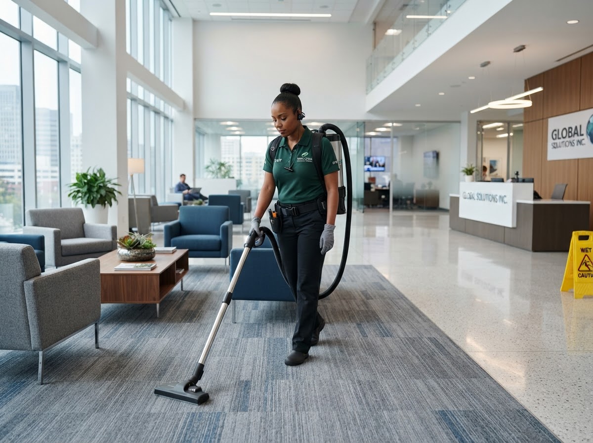 A professional female technician in a dark green uniform cleaning and maintaining a modern commercial office lounge