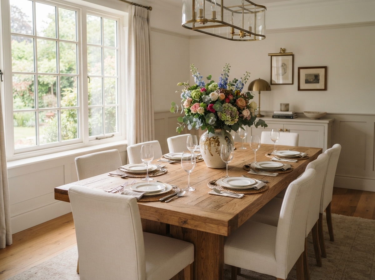 A clean elegant dining room with a wooden table and fresh flowers