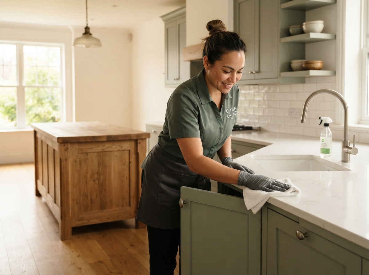 A professional cleaner in a dark sage green uniform wiping down kitchen countertops and cabinets
