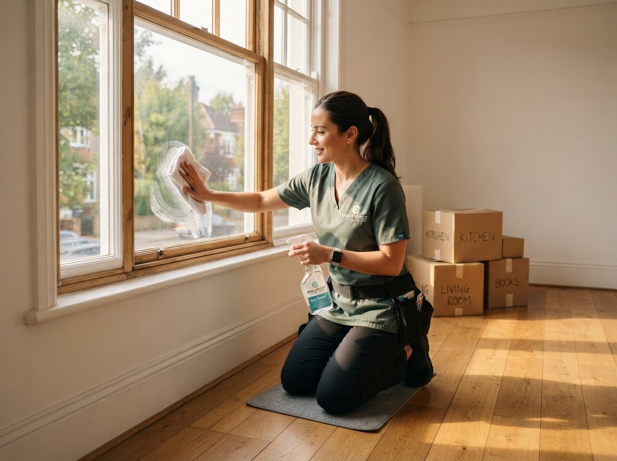 A professional cleaner in a dark sage green uniform wiping down a window in an empty room with moving boxes