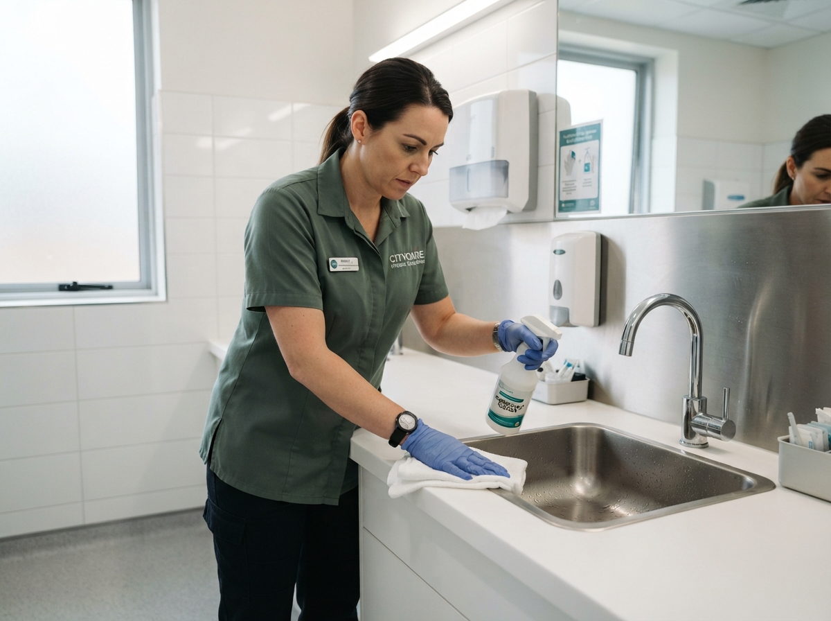 A Cozy Clean technician in a dark sage green uniform wiping down a sink and countertop in a clinic bathroom