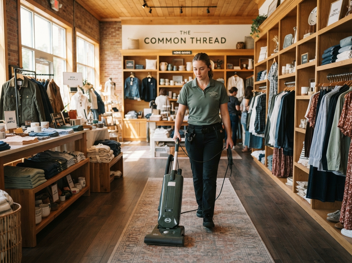 A Cozy Clean technician in a dark sage green uniform vacuuming the floor of a bright boutique retail store