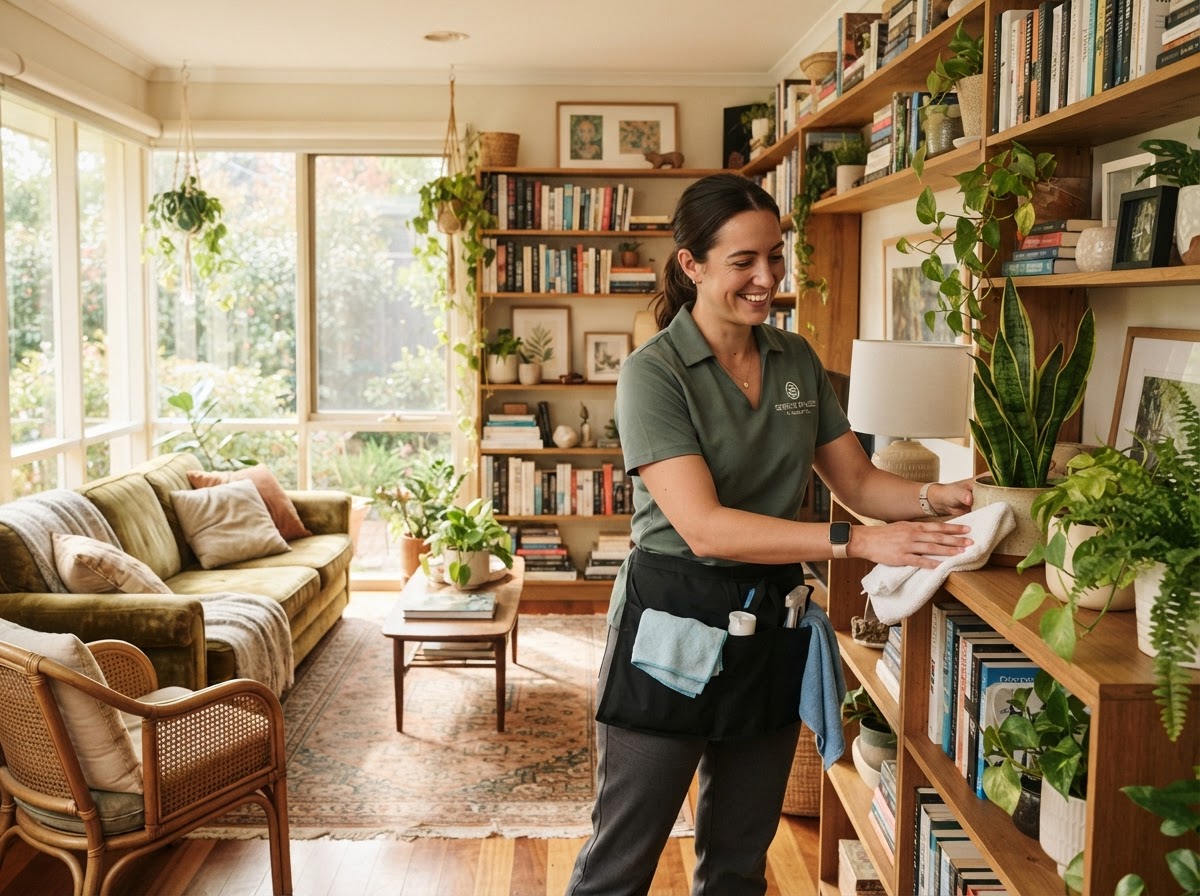 A professional cleaner in a dark sage green uniform tidying and dusting a plant-filled sunlit living room with bookshelves