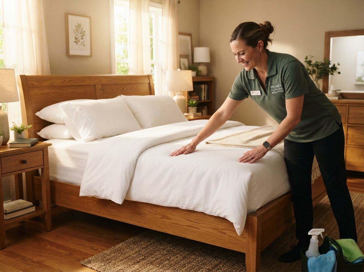 A professional cleaner in a dark sage green uniform making a bed and smoothing linens in a sunlit bedroom