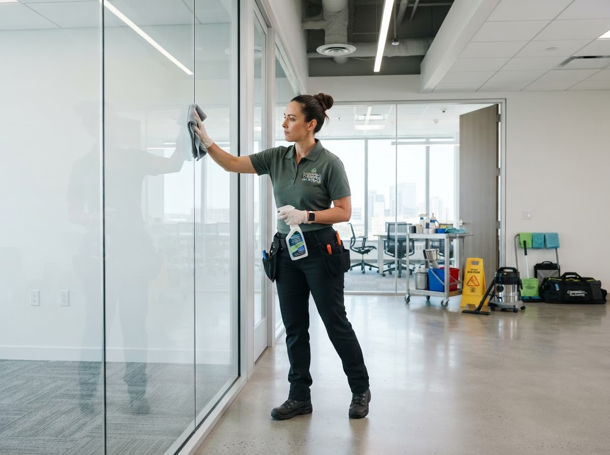 A professional female Cozy Clean technician in a dark sage green uniform cleaning newly built commercial space surfaces after construction