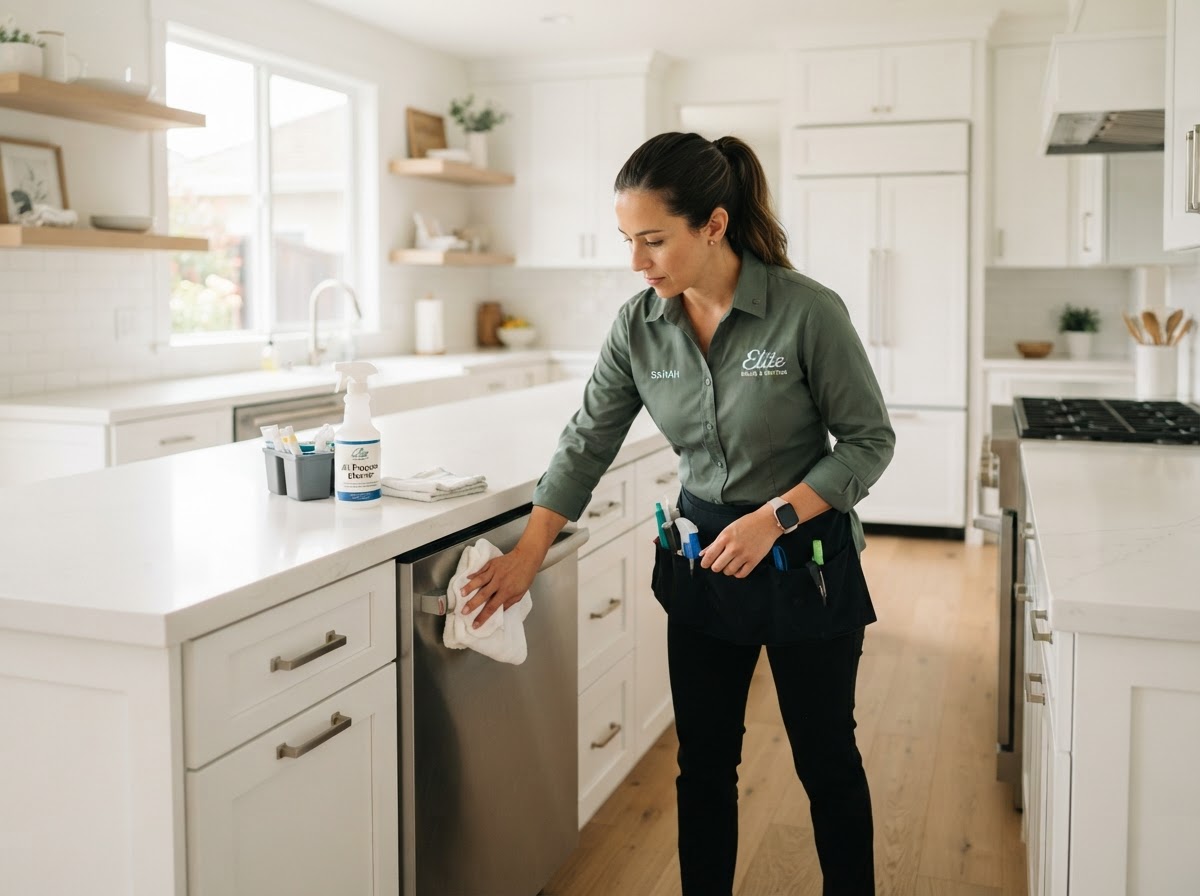 A Cozy Clean technician in a dark sage green uniform wiping down kitchen countertops and appliances in an empty bright kitchen