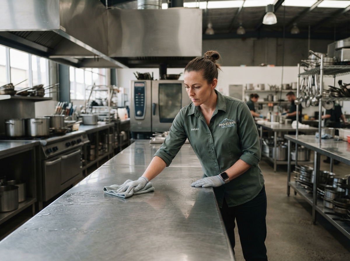 A Cozy Clean technician in a dark sage green uniform wiping down a stainless steel countertop in a warehouse facility