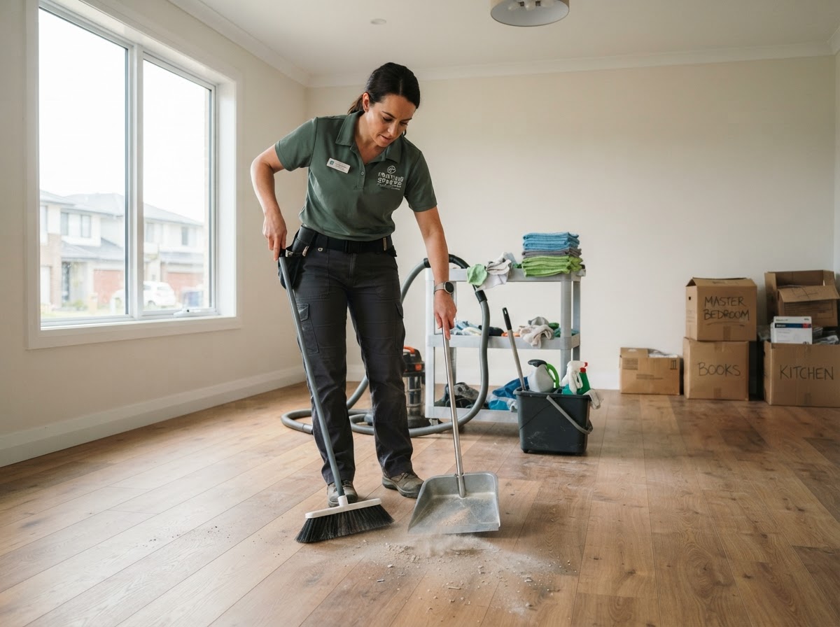 A Cozy Clean technician in a dark sage green uniform sweeping dust from a wood floor in an empty newly-built room