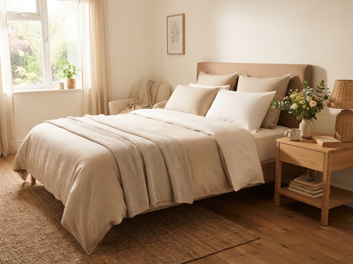 A freshly deep cleaned bedroom with pristine bedding