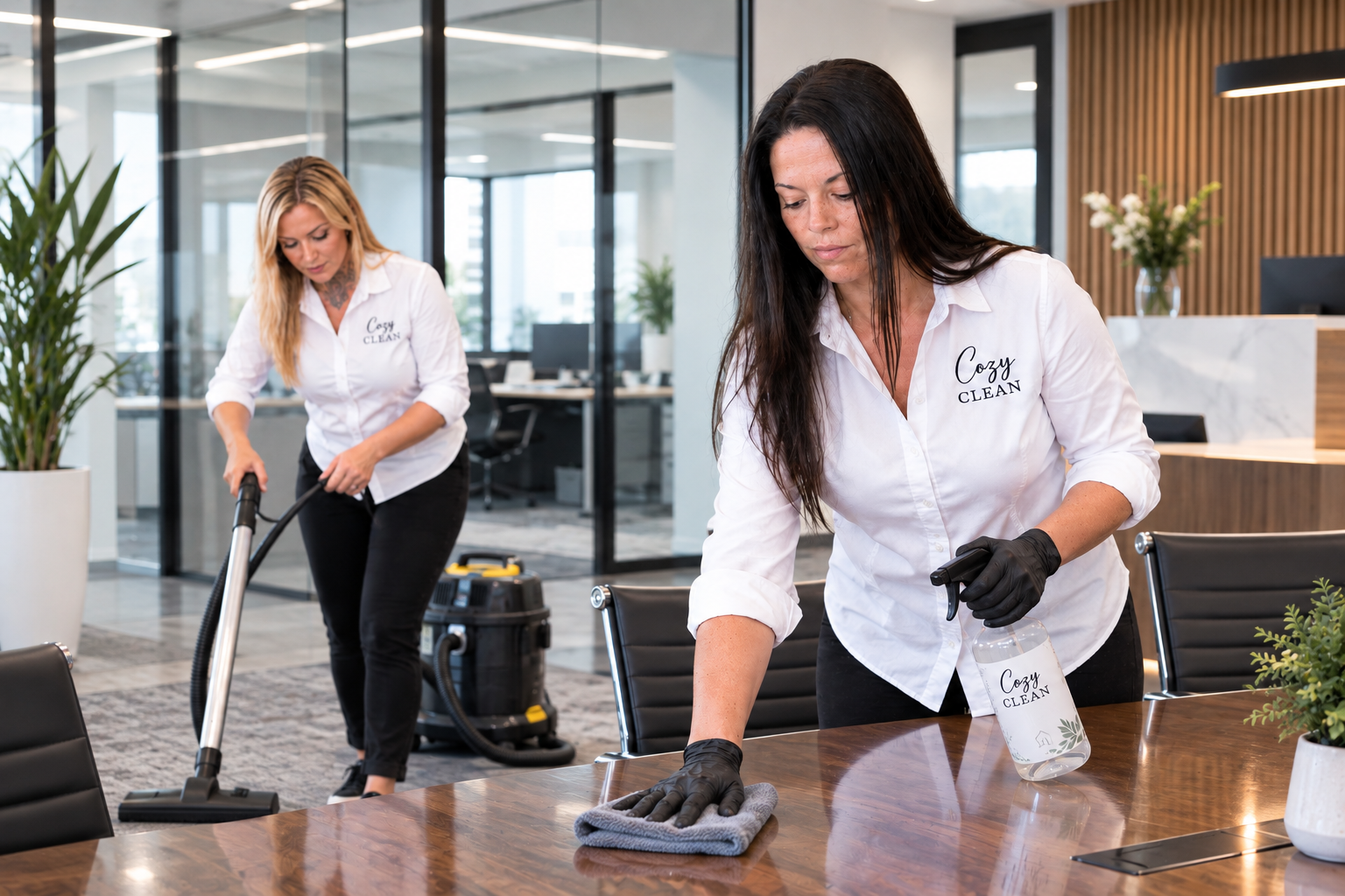 Two Cozy Clean specialists in branded white shirts cleaning an office conference table and vacuuming
