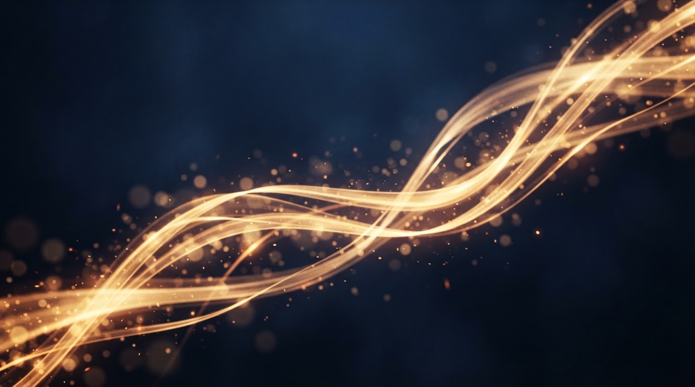 Abstract ribbons of golden light and amber sparks across a deep navy background