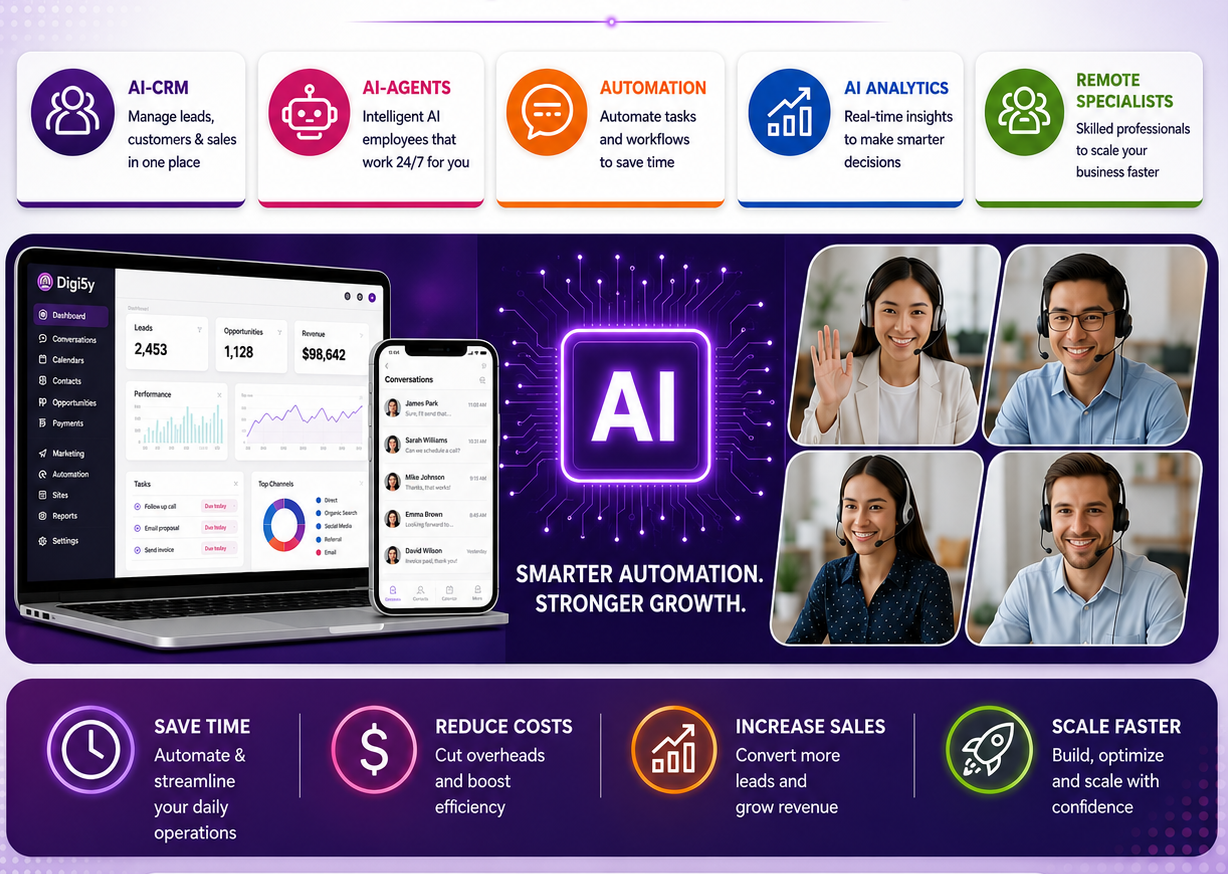 DIGI5Y all-in-one digital office — AI-CRM, AI Agents, automation, AI analytics and Remote Specialists working together