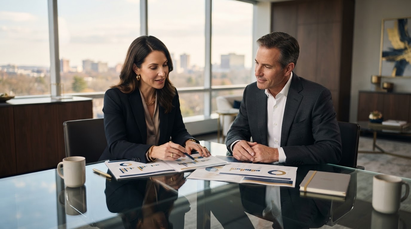 Smart Quest consultants reviewing business strategy in a Stamford office