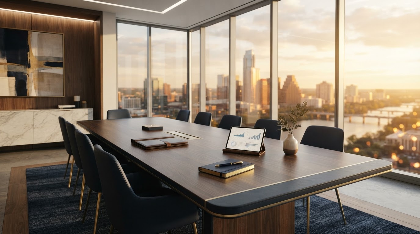 Modern executive consulting office in Austin with warm golden-hour light