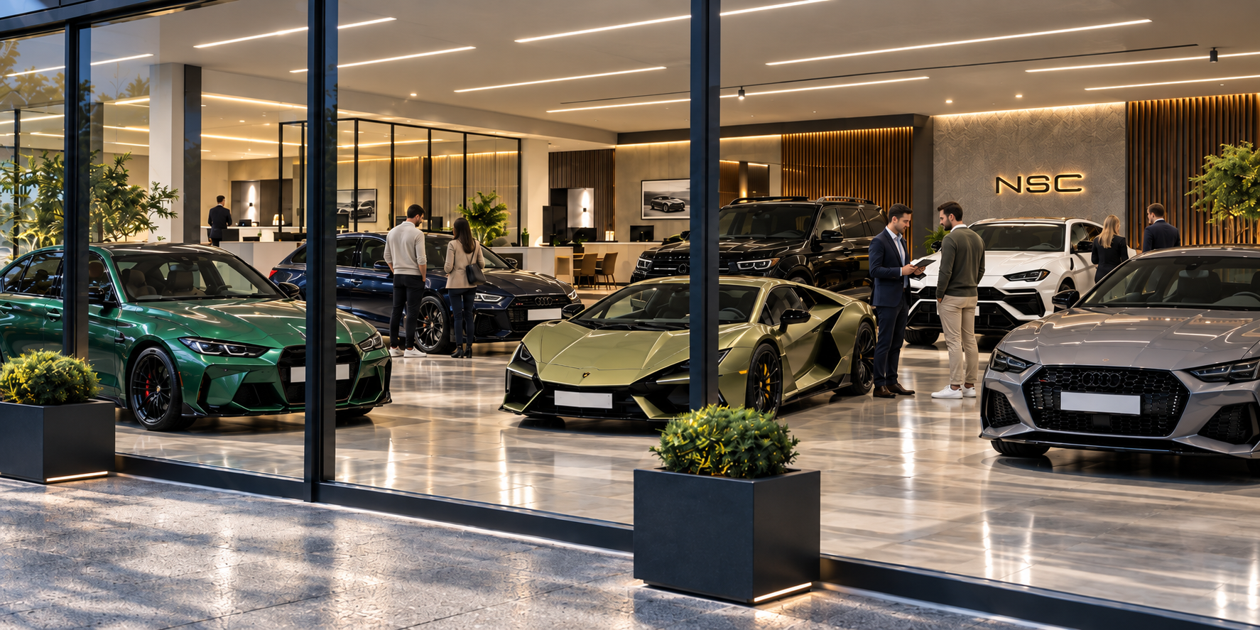 Active prestige vehicle showroom with customers, sales staff, and performance vehicles on display