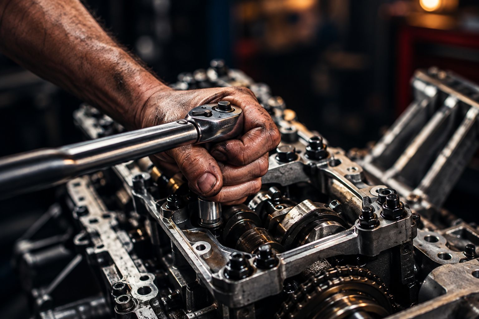 Mechanic tightening camshaft bolts with torque ratchet wrench on an exposed engine