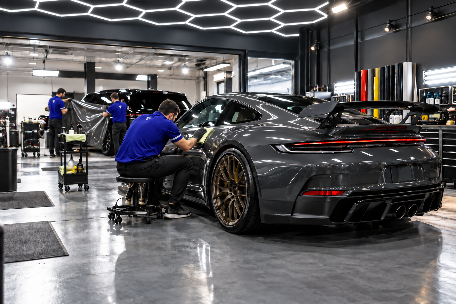 Detailing and PPF wrapping studio with technician detailing dark performance car under hexagonal ceiling lights