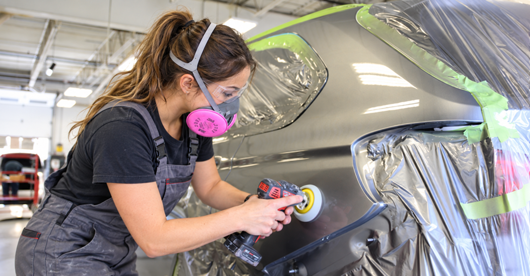 Bodyshop technician wearing protective respirator and goggles using rotary polisher on car bodywork