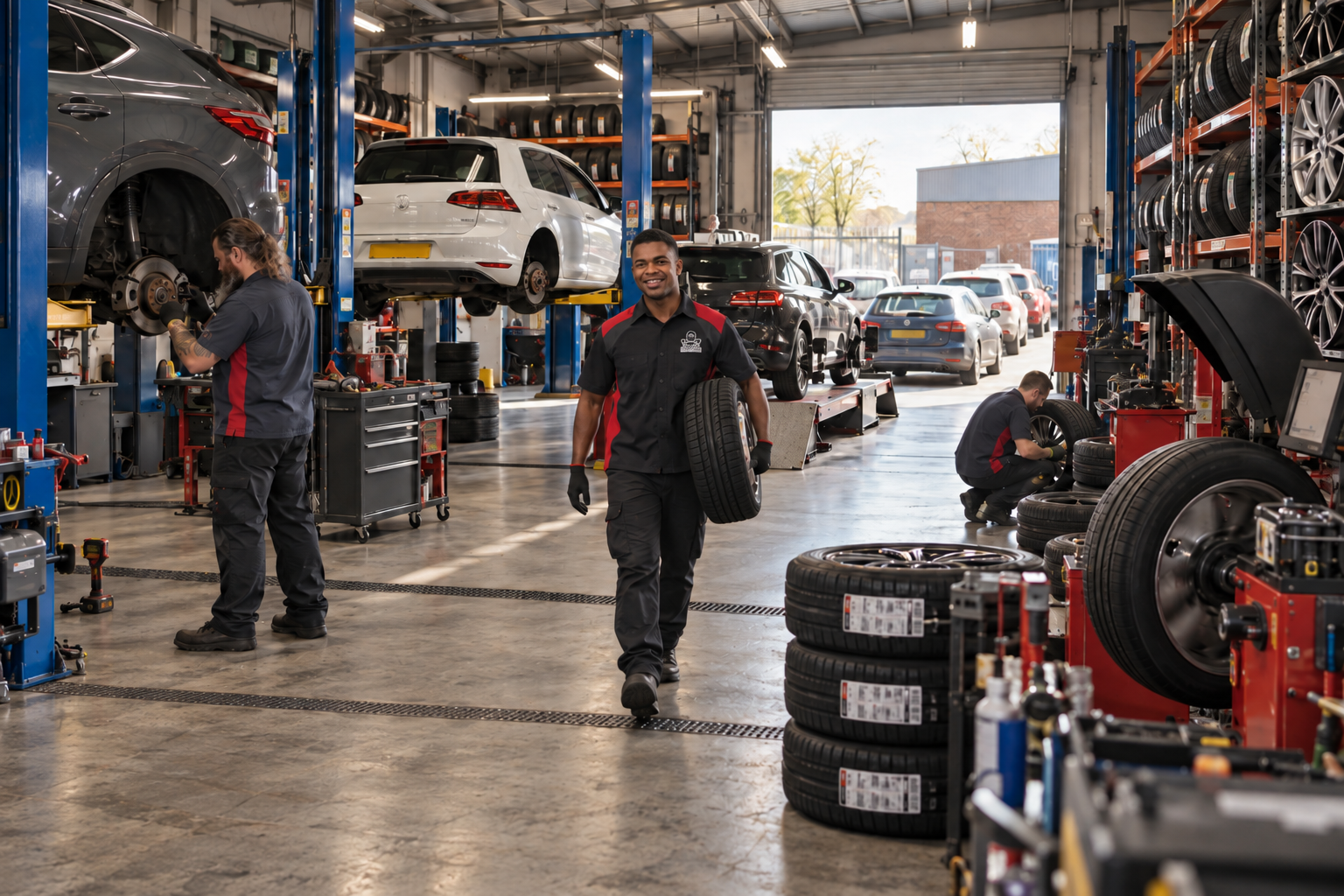 Tyre and wheel specialist workshop with technician carrying tyre toward camera alongside ramps and equipment