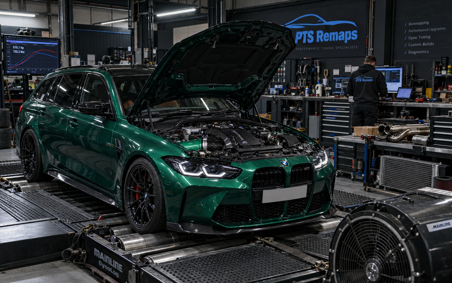 Performance tuning workshop with green BMW M3 touring on rolling road dyno with open bonnet