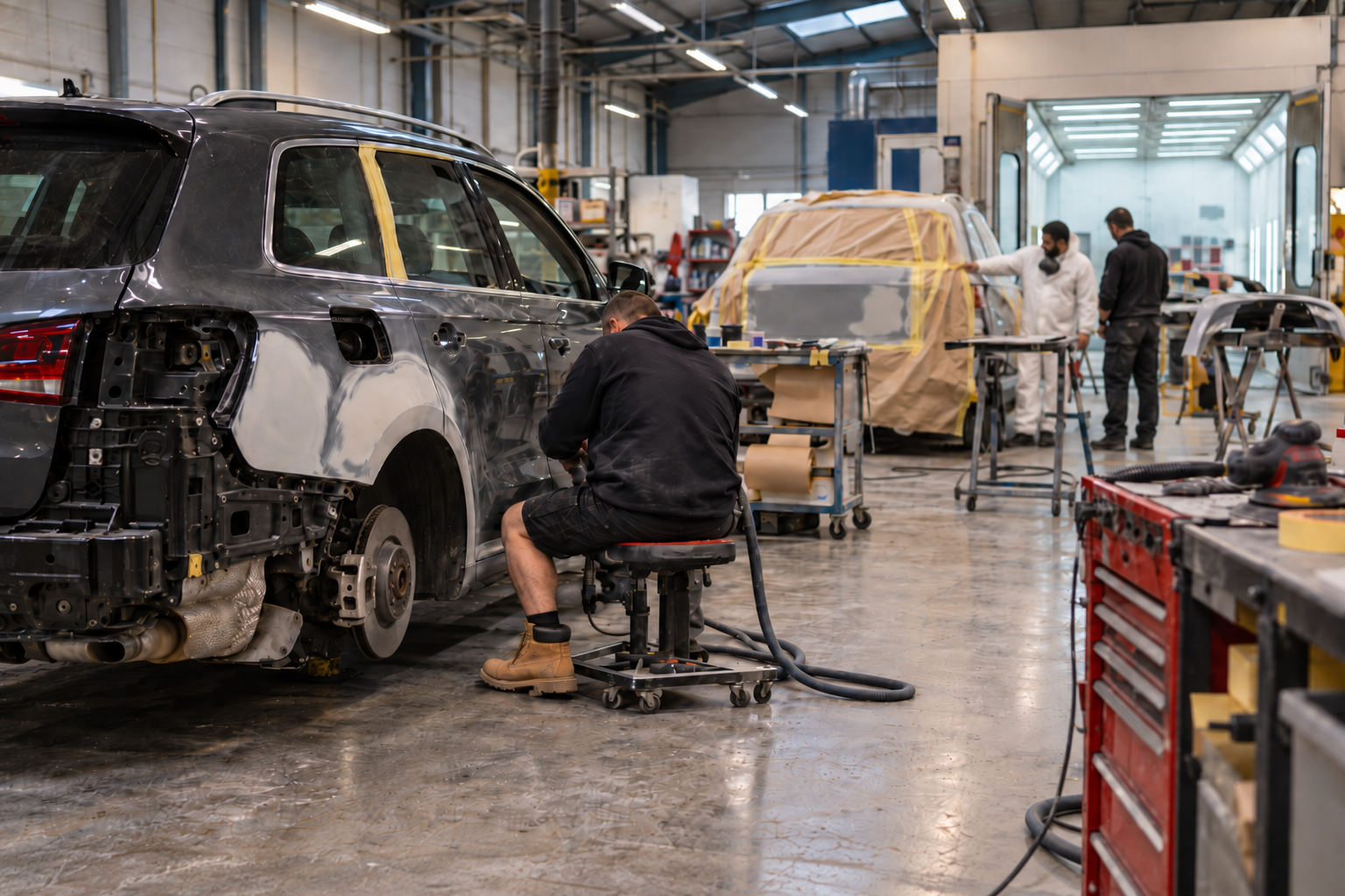 Active bodyshop and accident repair facility with technician repairing rear quarter of grey vehicle, masked vehicle, and illuminated spray booth