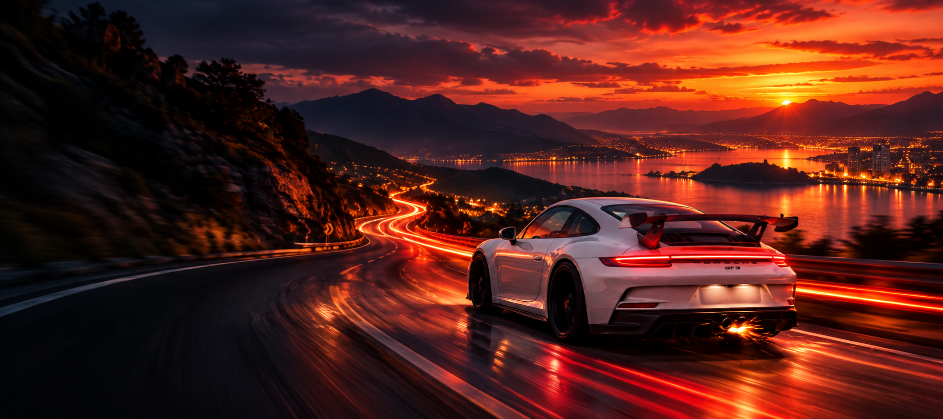 Cinematic rear three-quarter shot of a white Porsche 911 GT3 travelling along an illuminated mountain coastal road into fiery sunset dusk
