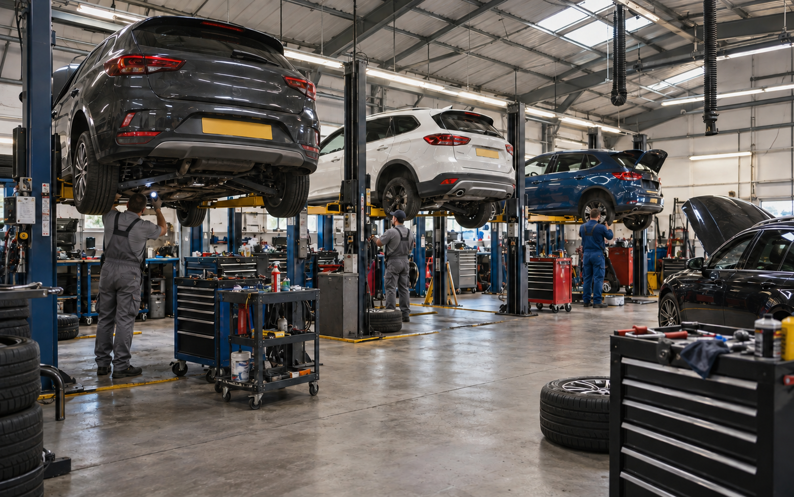 Busy independent garage workshop with multiple vehicles on hydraulic lifts and technicians working
