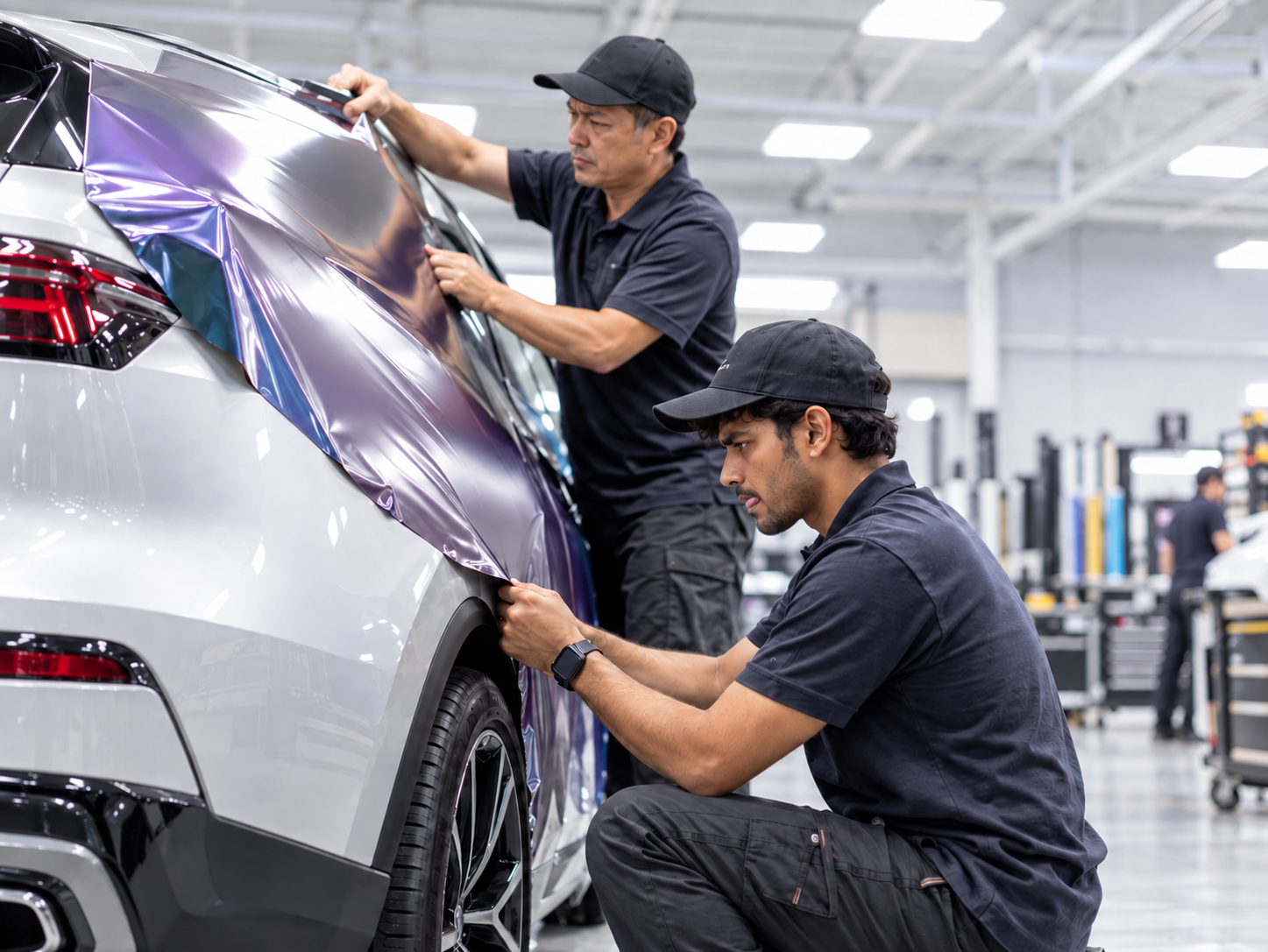 Two technicians installing vinyl wrap on a specialist vehicle in a clean automotive workshop