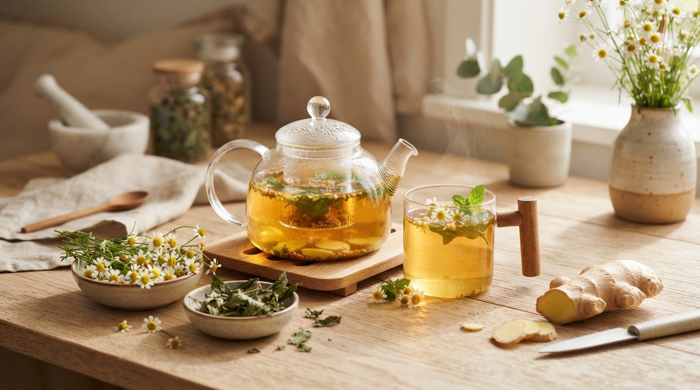 Fresh chamomile, dried mint and clear herbal infusion on natural wood symbolizing gut health and digestive healing at East Wind in Oshkosh and Appleton WI