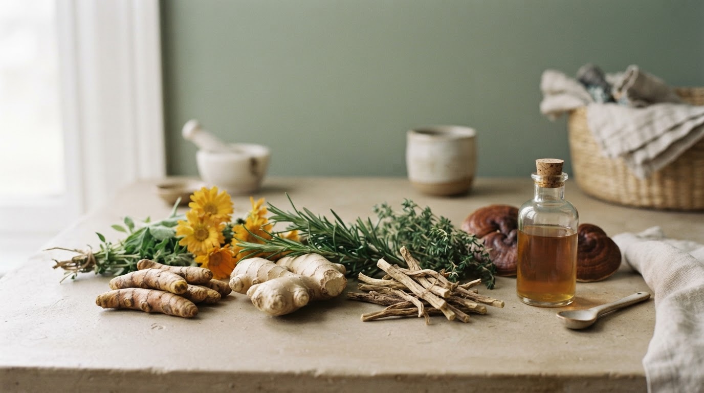 Medicinal herbs and glass vial symbolizing functional medicine root-cause healing at East Wind in Oshkosh and Appleton WI