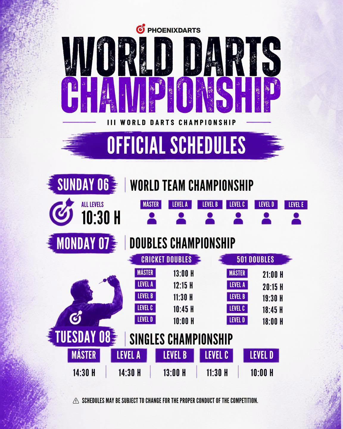 Oficiální časový harmonogram letáku PHOENIXDARTS III World Darts Championship - World Team, Doubles a Singles Championship